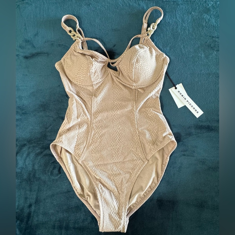 NWT ROBIN PICCONE EVE CRISS CROSS STRAPPY UNDERWIRE 1 PIECE SWIMSUIT SZ 10 LATTE